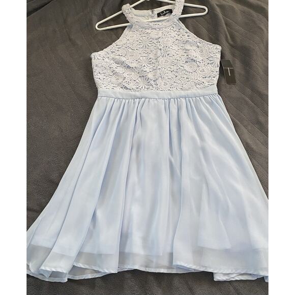 Lulus Sz Small Lover's Game Baby Blue Lace Chiffon Halter Skater Dress - Picture 13 of 16